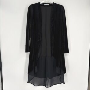 R.Vivimos Velvet Duster Cardigan Medium Black Excellent High Low Sheer Trim 8-10